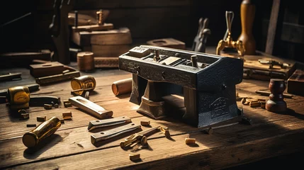 Fotobehang Craftsman's Legacy: Vintage Japanese Woodworking Tools on a Rustic Table © Maximilien