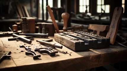 Fotobehang Craftsman's Legacy: Vintage Japanese Woodworking Tools on a Rustic Table © Maximilien