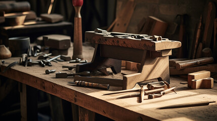 Fototapeta na wymiar Craftsman's Legacy: Vintage Japanese Woodworking Tools on a Rustic Table