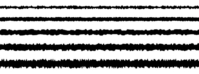 Set of different jagged paper border textures. Black stripes with torn edges for collage, handmade, craft design. Ripped tape templates isolated on white background. Vector graphic illustration