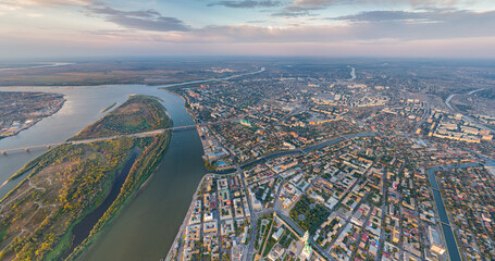 Astrakhan, Russia. Panorama of the city from the air in summer. The Volga River and Gorodstoy...