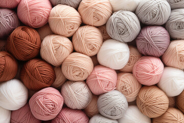 Close up of crocheted yarn and balls of yarn, in the style of soft, muted palette, soft tonal range, 20th century scandinavian style, soft variations of color, stylish, contrasting, soft-edged

