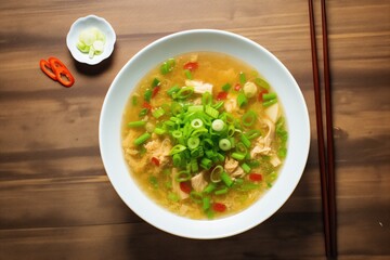 top view of hot and sour soup with green onions sprinkled