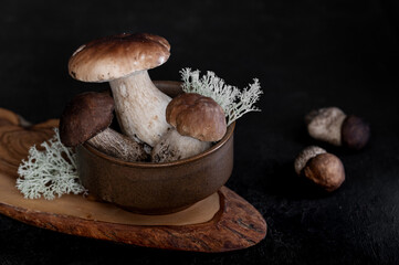 Wild edible mushrooms - brown cap boletus (birch mushrooms) and porcini mushrooms (ceps or Boletus edulis) in ceramic bowl on a black background. Rustic style.
