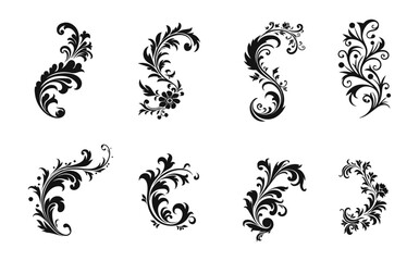 Flourish Design, Baroque Ornament Set, Black Silhouette Vector Logo Element