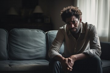 Isolated african american man sitting on the sofa in a dark room, experiencing depression and anxiety. Mental health concept - obrazy, fototapety, plakaty