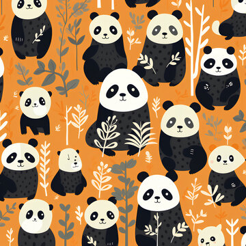 Create a pattern featuring adorable, stylized animals like pandas, and kittens in playful poses, PNG, 300 DPI