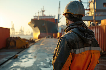 Male worker in a hard hat in a cargo port with a ship in the background, rear view - obrazy, fototapety, plakaty