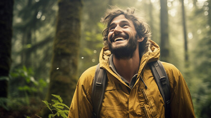 Naklejka na ściany i meble Joyful Explorer: Smiling Traveler Captured in the Heart of the Forest