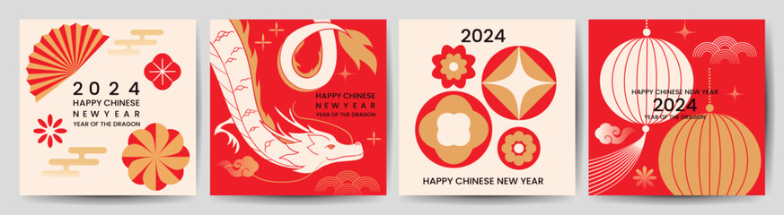Chinese New Year square cover background vector. Year of the dragon design with dragon, lantern, pattern, cloud, fan, flower. Modern oriental illustration for cover, banner, website, social media.