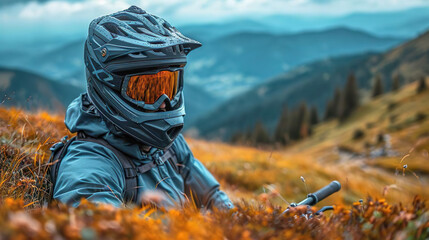 A cyclist wearing a helmet against the backdrop of mountains, the concept of recreation and cycling