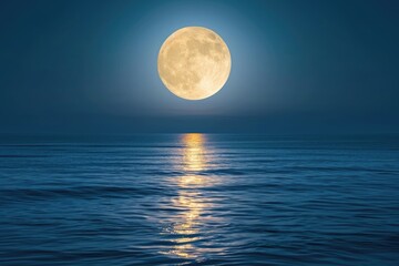 Luminous full moon over calm ocean, isolated on a night sky background