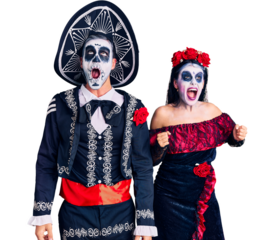 Young couple wearing mexican day of the dead costume over background angry and mad screaming frustrated and furious, shouting with anger. rage and aggressive concept.