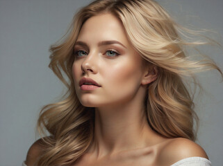 Fototapeta premium Close-up of a beautiful blond woman over soft grey background. Side view. Perfect skin, natural make-up, beauty concept, hair salon.