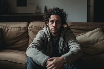 Obraz premium Isolated young man sitting on the sofa, experiencing depression and apathy. Mental health concept