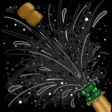 Congratulations illustration. Celebratory champagne bottle with cork being popped. Special occasion bubbles. Champagne spraying from opened bottle. Celebration fizz for an F1 winner.