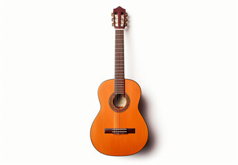 A photo of an ii classical guitar, in the style of realistic, detailed rendering, traditional mexican style, light orange and brown, folk/naïve:, aerial view, shaped canvas

