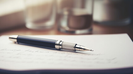 Elegance in Simplicity: Stylish Silver Fountain Pen Resting on a Blank Notepad