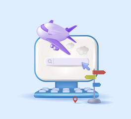 A minimalistic cartoon airplane. The concept of travel, 
tourism, vacation planning by plane. Booking tickets 
and passenger service. 3d vector illustration.