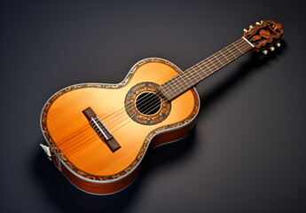 A photo of an ii classical guitar, in the style of realistic, detailed rendering, traditional mexican style, light orange and brown, folk/naïve:, aerial view, shaped canvas

