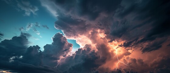 A stormy sky with multiple cloud to ground lightning strikes. Generative AI