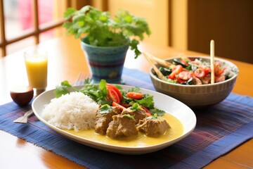 lamb korma meal with side salad, dressing, on a bamboo placemat