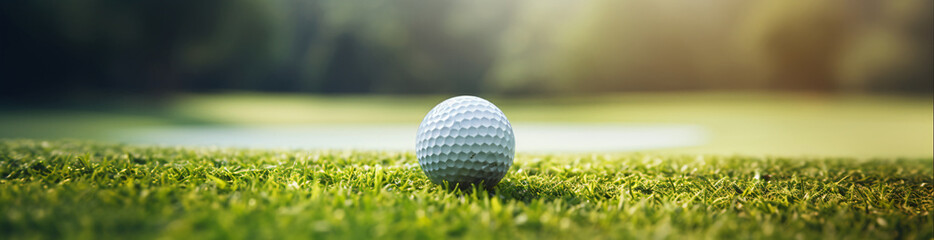 Obraz premium A golf ball sitting in the grass, in the style of bokeh panorama, unprimed canvas, ultrafine detail, rectangular fields, detailed miniatures, close up