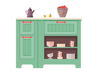 Kitchen furniture vector illustration. Culinary settings, adorned with stylish decor, create comfortable cooking space Kitchen utensils, both decorative and functional, are essential elements at home