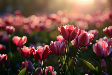 Field with beautiful blooming pink tulips in sunset lighting. - obrazy, fototapety, plakaty