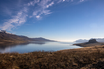 Fjord and mountains in the autumn, Eskifjordur, Iceland