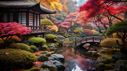 Autumn's Tranquility: Serene View of a Japanese-Style Garden in Fall Splendor