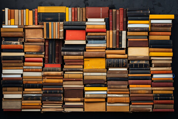 Many old books, books at home in bedroom, bookshelf, bookshelf, in the style of black background, light crimson and yellow, aerial view, canvas texture emphasis, whirring contrivances, pont-aven schoo