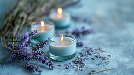 Obraz na płótnie Canvas Burning lavender aroma candles on a purple table. Aromatherapy with lavender candles. Copy space.