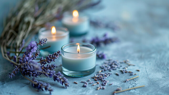 Burning lavender aroma candles on a purple table. Aromatherapy with lavender candles. Copy space.