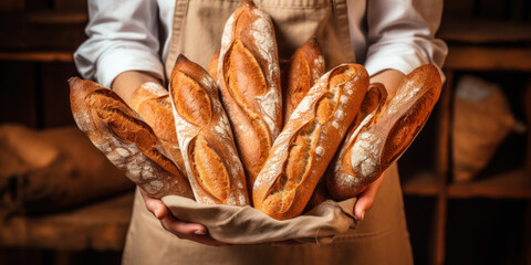 A baker in an apron holds a large basket of freshly baked baguettes in his hands.
