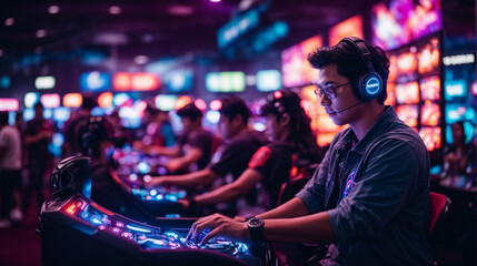World region gaming expo, gaming industry event or gaming competition amusement, with many live-action players hand-edited . - obrazy, fototapety, plakaty