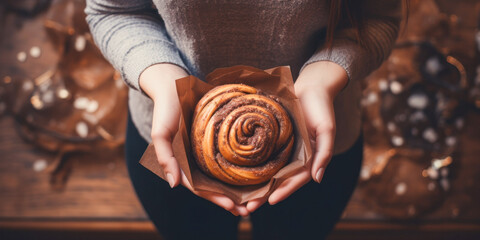 Top view of woman holding freshly baked cinnamon bun in bakery.