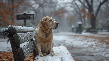Witness the sweetness of a lovable dog seated on a bench amidst a snowy park.
