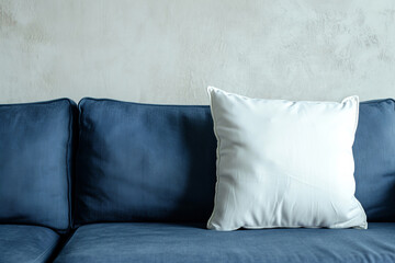 White pillow on a navy blue sofa. Contemporary style design. Copy space.