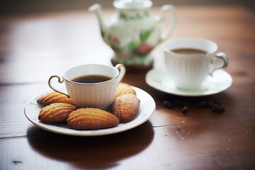 madeleines with chocolate chips served with a cup of coffee - obrazy, fototapety, plakaty