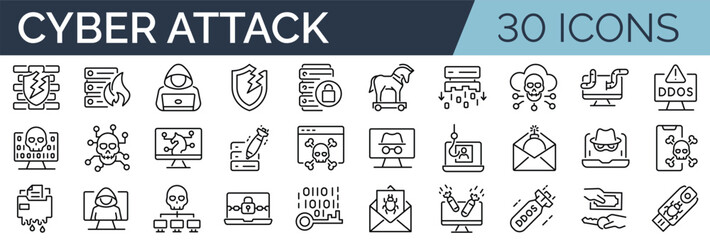 Set of 30 outline icons related to cyber attack. Linear icon collection. Editable stroke. Vector illustration - obrazy, fototapety, plakaty