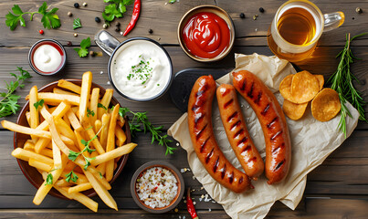 Appetizing roasted sausages with fries and sauces on the wooden table. Top view. Edited AI illustration. - obrazy, fototapety, plakaty