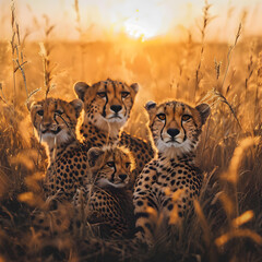 Cheetah standing in the savanna with setting sun shining. Group of wild animals in nature.