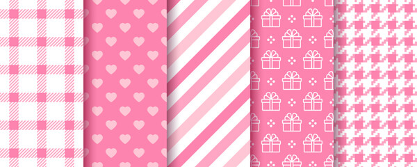 Valentine's day background. Seamless pattern. Prints with hearts, stripes, gift box, hound tooth, plaid. Cute pink texture. Set festive wrapping papers. Collection girly backdrops. Vector illustration