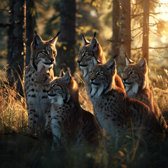 Group of lynx in the forest clearing in summer evening with setting sun.