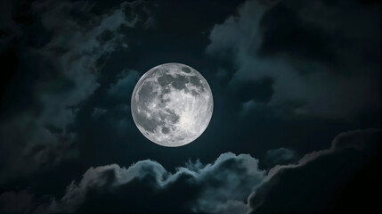 Fototapeta na wymiar full moon in a dark night sky, surrounded by clouds mysterious moonlight eerie atmosphere symbolism