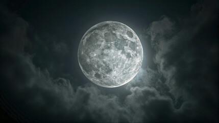 Fototapeta na wymiar full moon in a dark night sky, surrounded by clouds mysterious eerie atmosphere symbolism