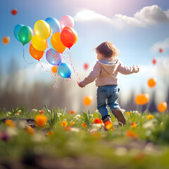 Child holding colorful balloons in a meadow with grass and spring flowers growing. Concept of freedom, happiness and spring coming.