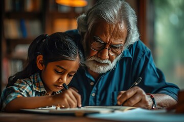 Granddad studying with his granddaughter or grandson. Generative Ai.