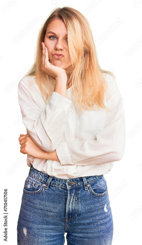 Wall mural Young beautiful blonde woman wearing casual shirt thinking looking tired and bored with depression problems with crossed arms.